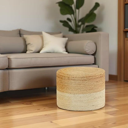 REDEARTH · Cylindrical Pouf Foot Stool Ottoman - Jute Braided Pouffe Poof Accent Sitting Footrest for Living Room, Bedroom, Nursery, Patio, Lounge & Other Rooms (Natural Ivory, 18"X18"X14")
