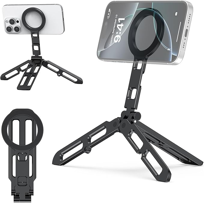 Magnetic Phone Tripod Stand Portable Cell Phone Holder Strong Magnet Mini Pocket Smartphone Mount Foldable Selfie Stick Tripod with 1/4" Screw Hole for iPhone 17 16 15 14 13