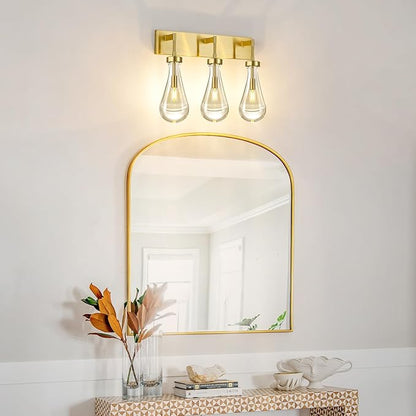 Raindrop Wall Sconces Gold Crystal Sconces Wall Decor Modern Lighting Glass Bathroom Sconces Indoor Vanity Light Wall Lamp for Bedroom Living Room Stair(3-Light)