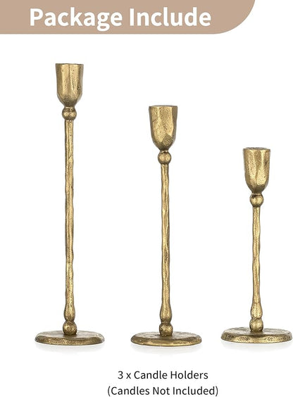 NUPTIO Iron Taper Candle Holders: Antique Brass Candlestick Holder for Thanksgiving Christmas Party - Set of 3 Tall Gold Candles Stick Decor for Fireplace Table Centerpiece