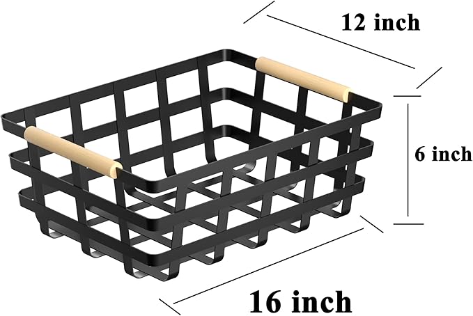 Large Farmhouse Wire Baskets Metal Storage Bin Basket Storage Organizer Farmhouse fruit Bin with Wood Handles for Pantry Cabinets - Black, 2 Packs