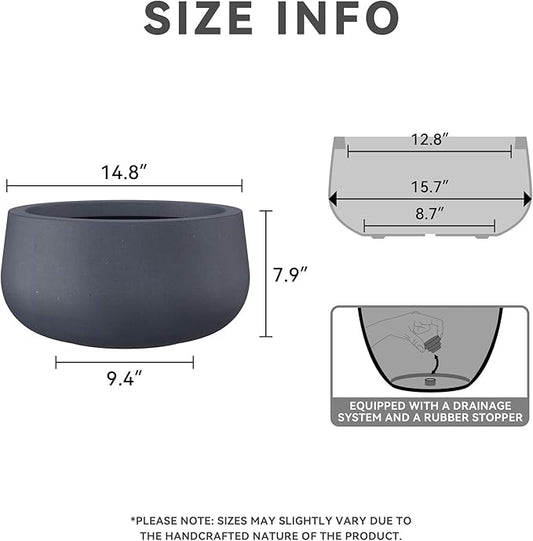 Kante 15.7" Dia Round Concrete Planter, Outdoor Indoor Garden Plant Pots with Drainage Hole and Rubber Plug, Modern Curvaceous Design, Charcoal