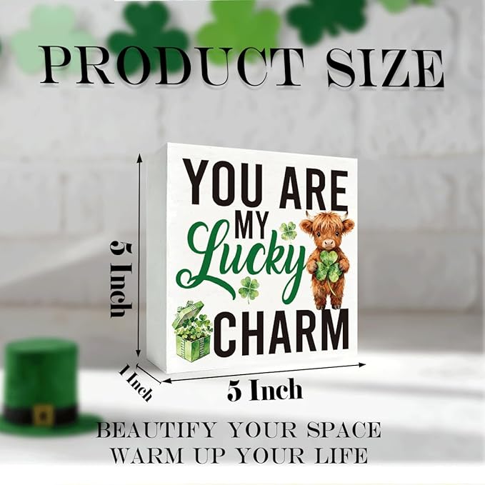 St Patrick Decor Lucky Charm Wooden Box Sign, You Are My Lucky Charm Irish Quote Tabletop Decor with Shamrock Accent, Cute Farmhouse Shelf Desk Holiday Decorative Gift for Loved Ones 5 x 5 Inches