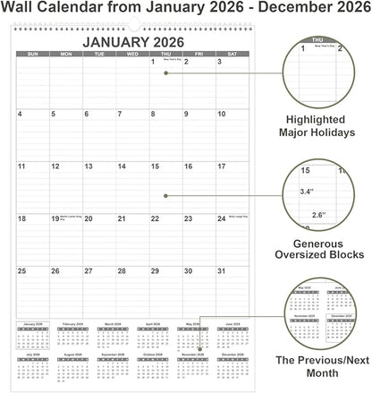 2026 Wall Calendar - Large Calendar 2026 from January 2026 - December 2026, 12 Months Calendar/Planner with Thick Paper, 20" x 30", Vertical, Black