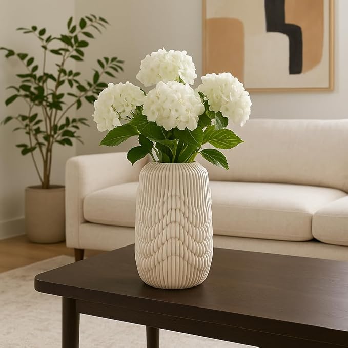Ceramic Vase for Office and Room Decor – 3D Printed Ribbed Elegant Flower Vase for Bedroom, Table, and House Setting – Minimalist Accent for Home and Living Room Decor – Ivory (14 Inch)