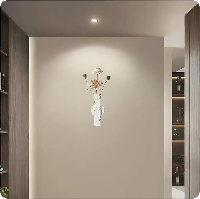 7" Wall-Mounted Flower Tube, Top/Bottom Open Vase Tube, Wall Metal Flower Tube Decoration Holder for Flower Display with Sticker, 2pcs(White Gold)