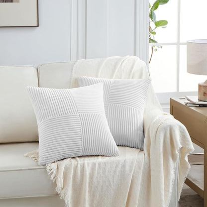 Fancy Homi 2 Packs Pure White Decorative Throw Pillow Covers 18x18 Inch for Living Room Couch Bed Sofa, Farmhouse Boho Home Decor, Soft Corss Corduroy Patchwork Textured Square Cushion Case 45x45 cm