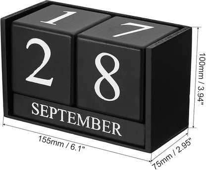 PATIKIL Vintage Wood Block Perpetual Calendar, Reusable Wooden Month Date Display Blocks for Desk Office Home Decoration 6.1", Black