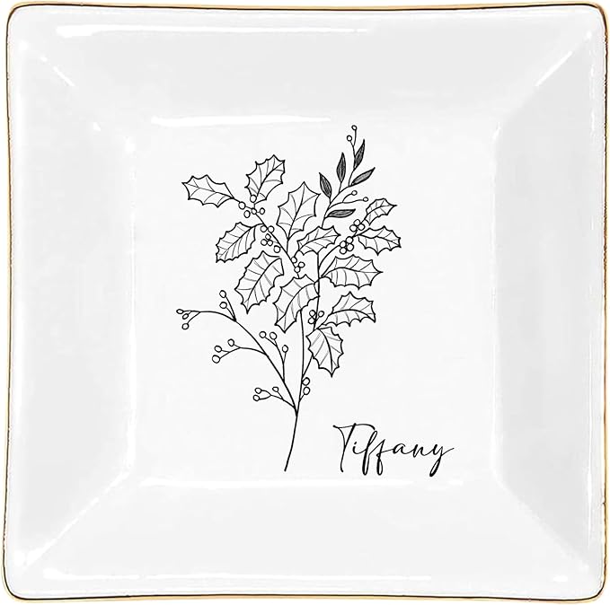 Gossby Personalized Jewelry Tray - Gift for Women, Mom, Friend with Birth Month Flower, Name - Ceramic Trinket Tray, Dish, Plate for Ring, Earring, Bracelet - Gift Mothers Day, Birthday, Christmas V4