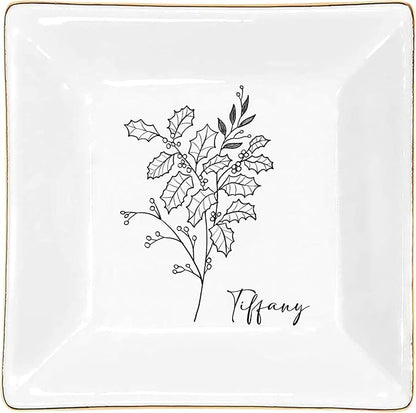 Gossby Personalized Jewelry Tray - Gift for Women, Mom, Friend with Birth Month Flower, Name - Ceramic Trinket Tray, Dish, Plate for Ring, Earring, Bracelet - Gift Mothers Day, Birthday, Christmas V4