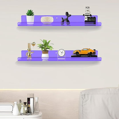 ROYALITA 24 Inches Acrylic Floating Book Shelves Wall Mounted Set of 2, Wall Hanging Plant Display Shelves, Room Decor Floating Wall Shelves for Gaming Room, Bedroom, Living Room, Office, Purple