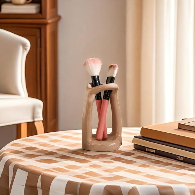 Handmade Ceramic Holder Stand for Toothbrushes, Makeup Brushes, and Pens - Minimalist Design for Bathroom Vanity and Countertops Decor (Milky Brown)