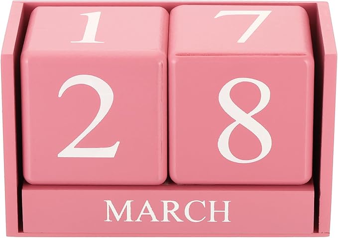 YOKIVE Wooden Block Perpetual Calendar for Desk, Wood Month Date Display Blocks, Great for Daily Desktop Shop Bar Desk Decor (Pink)