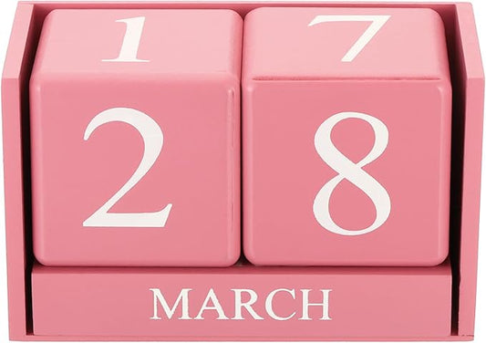YOKIVE Wooden Block Perpetual Calendar for Desk, Wood Month Date Display Blocks, Great for Daily Desktop Shop Bar Desk Decor (Pink)