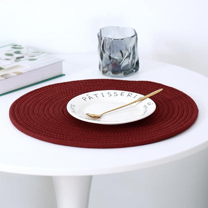 Aertiavty 8 Pack Round Woven Placemats for Christmas 13.5 Inches Red Heat Resistant Placemats Farmhouse Cotton Rope Place Mats for New Year Trivets for Hot Dishes, Burgundy