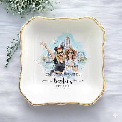 Custom Photo Watercolor Bestie Ring Dish, Personalized Best Friend Jewelry Dish, Soul Sister Trinket Dish Gift for Long Distance Friendship Women BFF Christmas Birthday Wedding Gift
