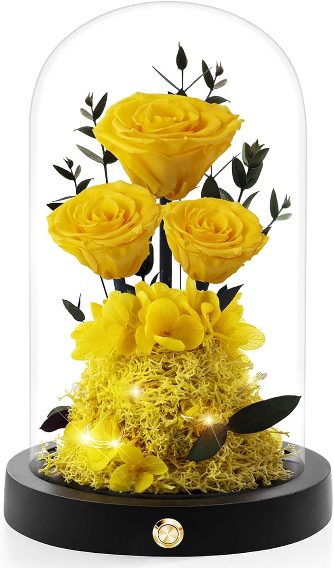 Valentines Day Flowers Roses Gifts for Her,Forever Real Preserved Roses in Glass Dome,Valentines Day Anniversary Birthday Gifts for Wife Girlfriend Women Mom Best Friend Her/Yellow Rose