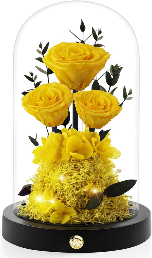 Valentines Day Flowers Roses Gifts for Her,Forever Real Preserved Roses in Glass Dome,Valentines Day Anniversary Birthday Gifts for Wife Girlfriend Women Mom Best Friend Her/Yellow Rose