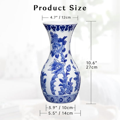 Blue and White Ceramic Vase, 11 Inch Tall Flower Vase in Floral Pattern, Large Retro Chinoiserie Vase Decor Side Table Centerpiece Living Room Bookshelf, Antique Grand Millennial Decor
