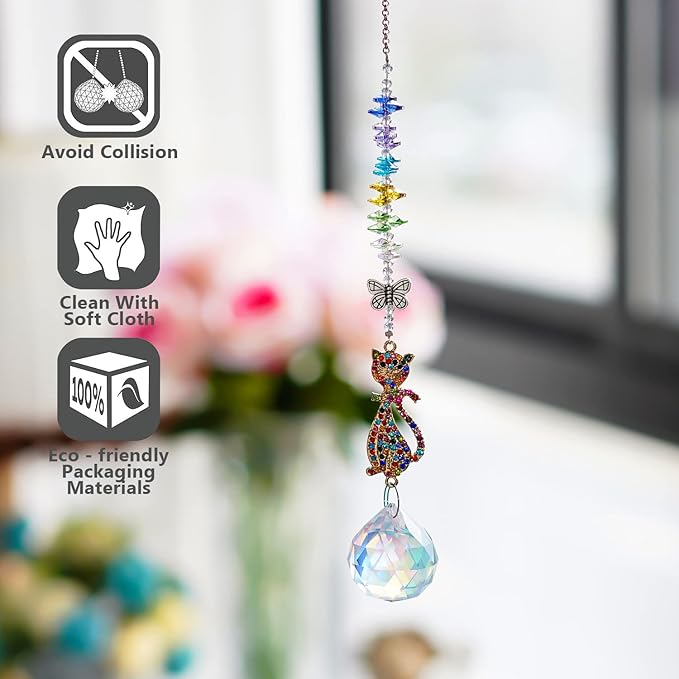 Rhinestones Suncatchers Crystal Cat Shaped Window Hang Pendant, Rainbow Crystal Prisms Ornament Car Sun Catcher Gift for Lady Women Mother