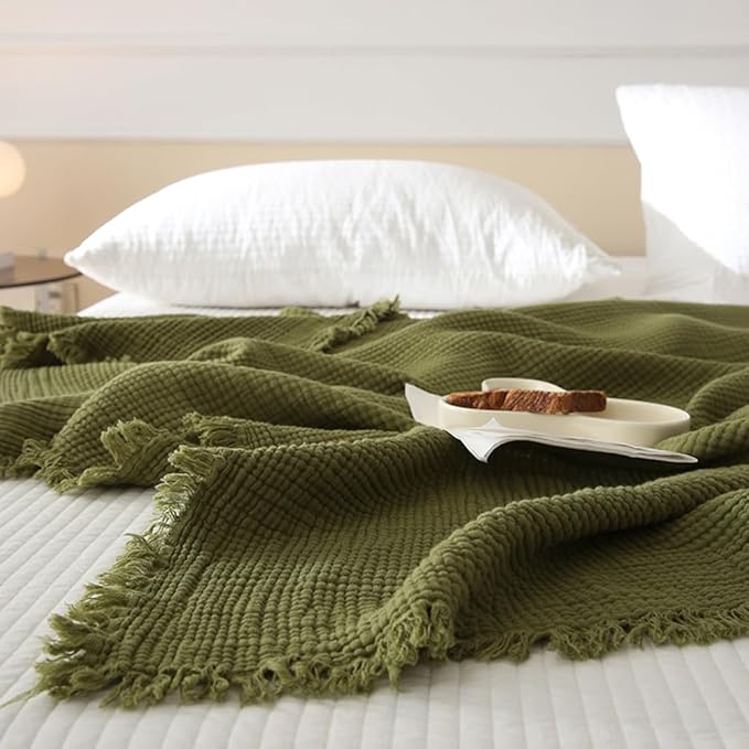 100% Cotton 4-Layer Muslin Blanket with Fringes, 50"x60", Avocado Green Throw Blanket, Ultra-Soft Gauze Blanket, Boho Bedding for All Seasons, Breathable for Couch, Bed(Avocado Green,Throw)