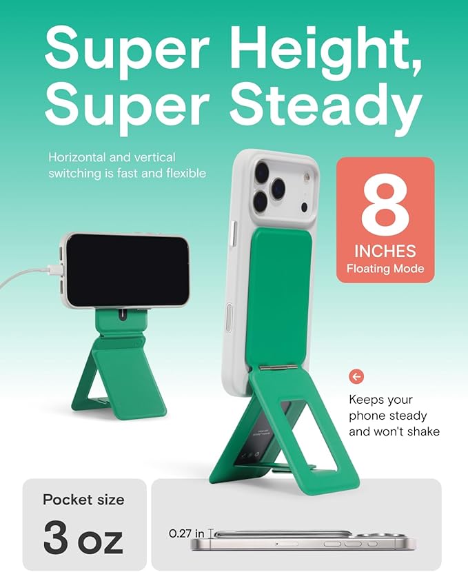 MOFT Phone Tripod Stand Selfie Stick for iPhone, Multi-Angles iPhone Stand, Lightweight & Portable Phone Holder, Strong Magnets, MOVAS Vegan Leather, Travel Essentials, Oz Green (Without Card Slot)