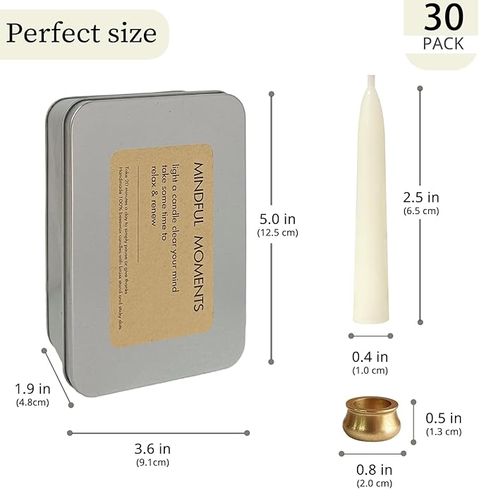 Meditation Bayberry Taper Candles Set, 20 Minute Bayberry Mini Prayer Candles, 30 pcs Small Wishing Candle with Brass Candle Holders for Home Yoga