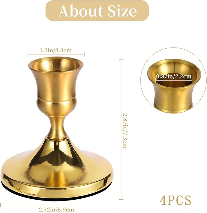 4 Pcs Brass Gold Taper Candle Holders, Vintage Metal Candlestick Holders Set for Dining Table, Wedding & Party Centerpiece Decor, Fits Standard Taper Candles, Mantel & Home Decorations