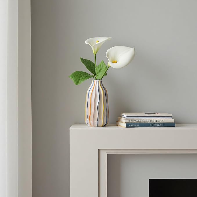 Handmade Beige Ceramic Vase with Colorful Stripes,Modern Boho Home Decor Centerpiece, Unique Holiday&Housewarming Present for Women (A)