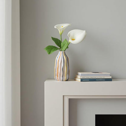 Handmade Beige Ceramic Vase with Colorful Stripes,Modern Boho Home Decor Centerpiece, Unique Holiday&Housewarming Present for Women (A)