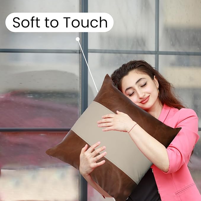 LL LEATHER LOVERS Lambskin Leather Pillow Cover - Sofa Cushion Case - Decorative Throw Covers for Living Room & Bedroom, 18x18 Inches - Tan & Off-White Pack of 2
