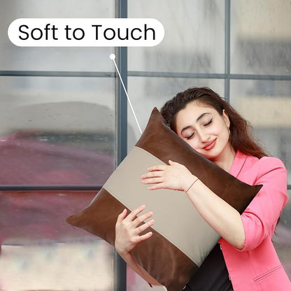 LL LEATHER LOVERS Lambskin Leather Pillow Cover - Sofa Cushion Case - Decorative Throw Covers for Living Room & Bedroom, 16x16 Inches - Tan & Off-White Pack of 1