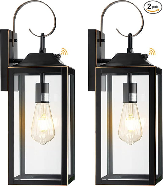 19" Dusk to Dawn Outdoor Lighting 2 Pack, Large Dusk to Dawn Outdoor Wall Lights, Black Sensor Porch Lights Outdoor Exterior Lighting Fixtures Wall Mount for House Garage -with Gold Trim