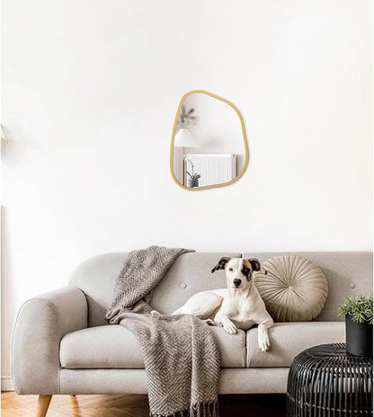 Asymmetrical Accent Mirror for Wall Irregular Oval Wood Frame Modern Unique Wall Mirror Decorative Vanity Bathroom Living Room Bedroom Entryway Hallway Artistic Mirror Small Gold 14"x10"