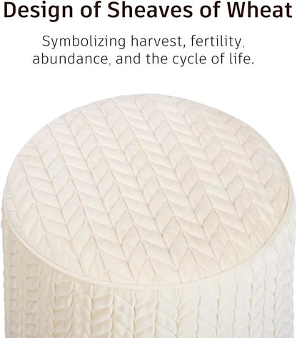 Modern Round Ottoman, Braided-Tufted Foot Stool Ottoman, Velvet Upholstered Vanity Stool for Makeup, Bedroom, Living Room, White