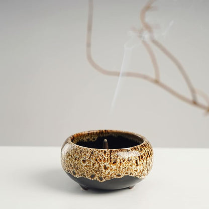 Incense Burner with Calabash Incense Stick Holder - Porcelain Charcoal Censer for Use with Resin Granular Powder Cone or Coil Incense (New Fambe Gray)