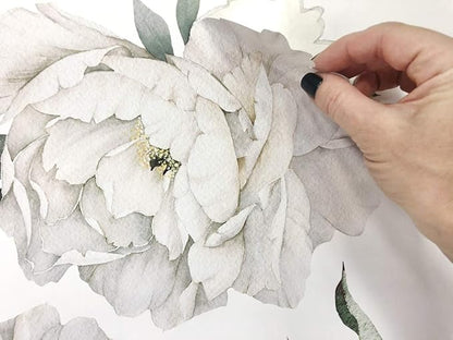 Peony Watercolor Wall Decals (Black and White Watercolor) - Flowers Decals for Wall - Botanical Bedroom Decor - Floral Peonies Grey Wall Stickers with Test Sample