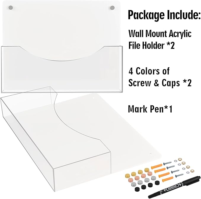 PecMuikee Wall File Organizer, Horizontal Acrylic Mail Magazine Holder Wall Mount, 4 Colors of Screw Caps Included Hanging File Organizer for School, Office, Hospital, 2 Pcs