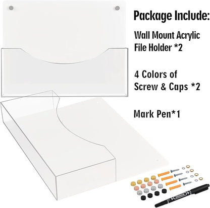 PecMuikee Wall File Organizer, Horizontal Acrylic Mail Magazine Holder Wall Mount, 4 Colors of Screw Caps Included Hanging File Organizer for School, Office, Hospital, 2 Pcs