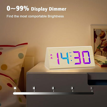 Wooden Digital Alarm Clock with Dual USB Charging Ports, DST, Dimmable, Snooze, RGB Colors, Modern Large Time Display LED Clock for Kids Bedrooms, Living Room, Desk,Table, Bedside,Nightstand (Bamboo)