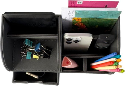 UnionBasic Desk Organizer, Multi-functional Leather Desktop Office Organizer, Pen Holder - Business Card/Pen/Pencil/Mobile Phone/Stationery Holder Storage Box, Taiga Dark Grey