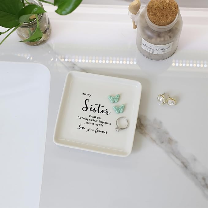 HOME SMILE Sister Gift from Sister Brother-Butterfly Ring Dish Jewelry Tray-Present Gifts for Sister Birthday Christmas Thanksgiving Wedding-Thank You for Being Such An Important Piece