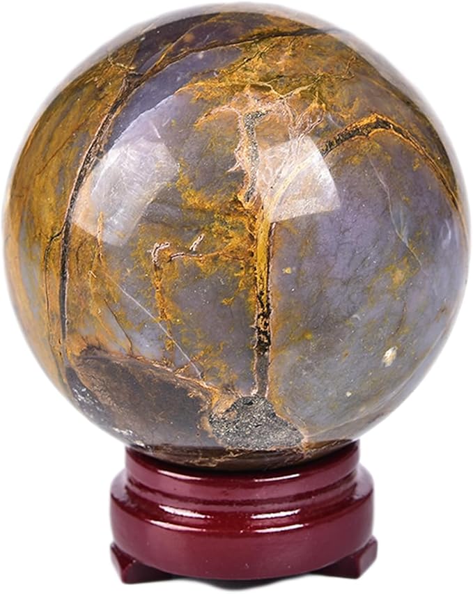 JIC Gem Pietersite Crystal Sphere with Wooden Stand, Blues and Golden Browns, 100-110mm