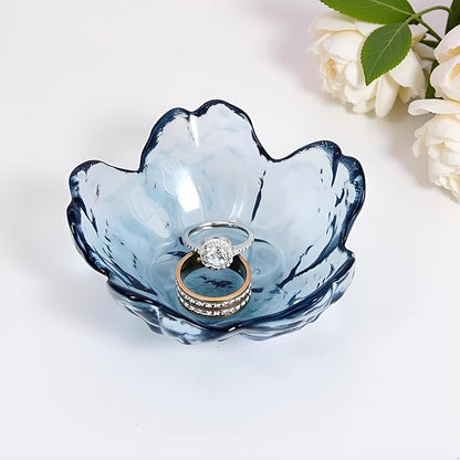 Crystal Blue Flower Ring Dish Jewelry Tray, Decorative Glass Trinket Dish, Modern Accent Tray for Vanity
