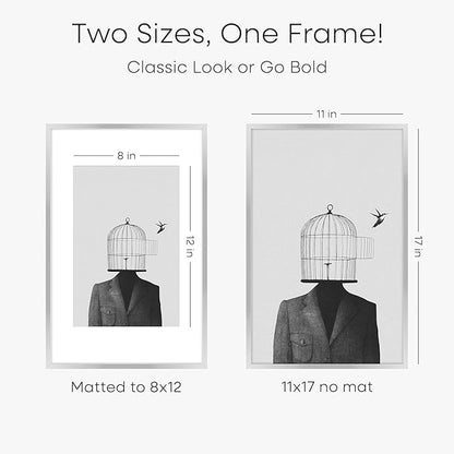 Homeforia 11 x 17 Frame Silver, High End Metal 11x17 Picture Frames with Mat 8x12 for Photo, 11 x 17 Silver Poster Frame Matted to 8 x 12 Print, 17x11 Hanging Frame, Tempered Glass, Wall Kit, Set of 2