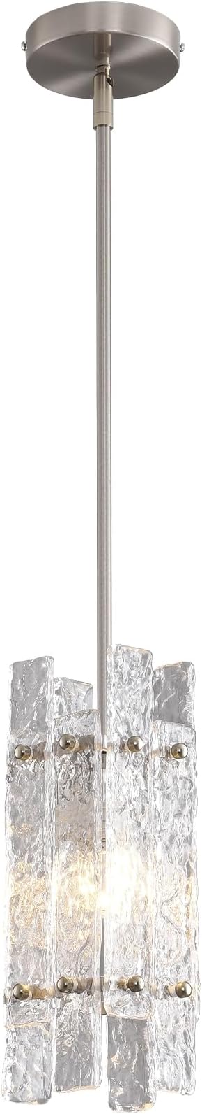 Modern Brushed Nickel Crystal Pendant Light for Kitchen Island, Luxury Mini Water Ripple Glass Chandelier Fixture, Square Adjustable Hanging Pendant Lighting for Dining Room Bedroom Hallway (1-Pack)