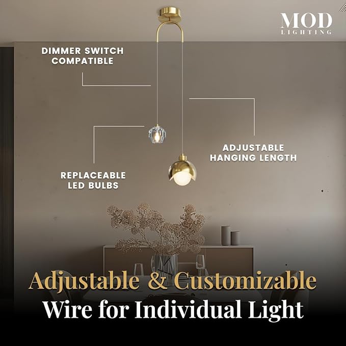𝗠𝗢𝗗 𝗟𝗜𝗚𝗛𝗧𝗜𝗡𝗚 Diana | Modern Gold Pendant Light Fixtures, Hanging Lights for Kitchen Island, Bedroom Lighting for Tracking, Dimmable LED Bulbs, 1-Pack (Gold & Crystal | 79" | Warm White)
