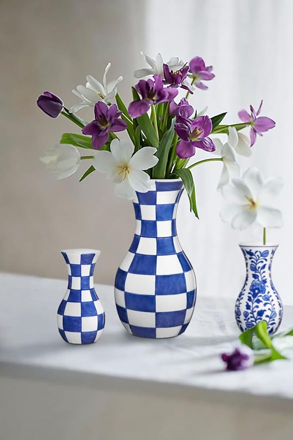 Blue and White Flower Vase, 11 Inch Tall Ceramic Vase in Wide Mouth Plain Pattern, Large Retro Chinoiserie Vase Decor Side Table Centerpiece Mantel Living Room Bookshelf Antique Grand Millennial Decor