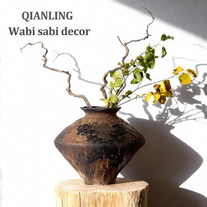 Wabi Sabi Rusty Vintage Vase, 11.4" Tall Wabi Sabi Decor Rustic Farmhouse Pottery Vase for Centerpiece, Textured Pottery Flower Vases for Home Decorative, Table, Living Room (Black Brown, Large)