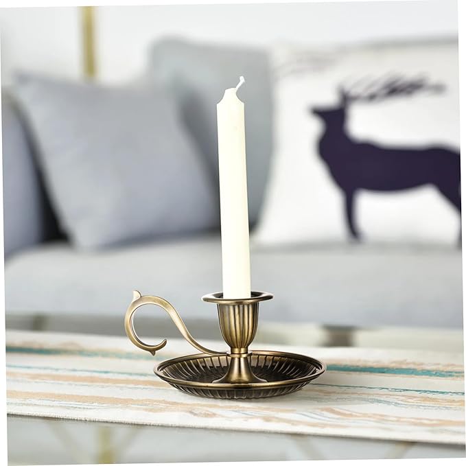 STOBAZA Retro Taper Candle Holder with Handle Vintage Metal Candlestick Tabletop Accent 4.52 Inch Candle Stand for Home Decor Party and Special Occasion